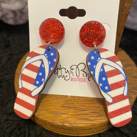 Jewelry - Red, White, Blue Wooden Flip Flop Earrings